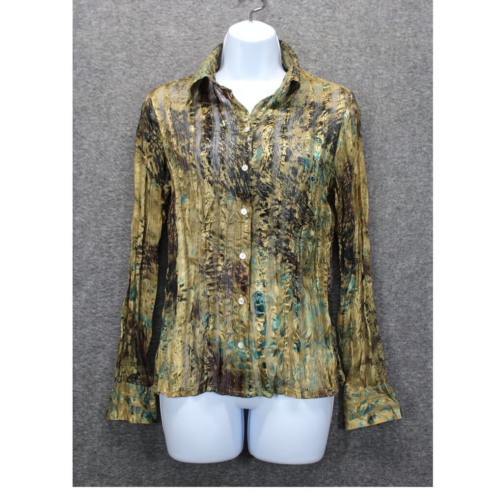 Womens Bellisimo Top Size Small Pleated Shimmer Mixed Animal Print Long Sleeve